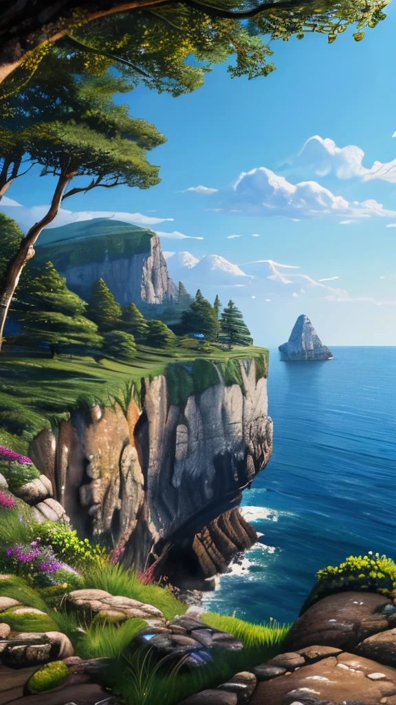 a painting of a rocky island with trees on top of it, 4k detailed digital art, 4k highly detailed digital art, scenery art detailed, detailed trees and cliffs, background art, digital painting highly detailed, 8k high quality detailed art, highly detailed digital painting, scenery artwork, very detailed digital painting, 4k detailed art, cliff side