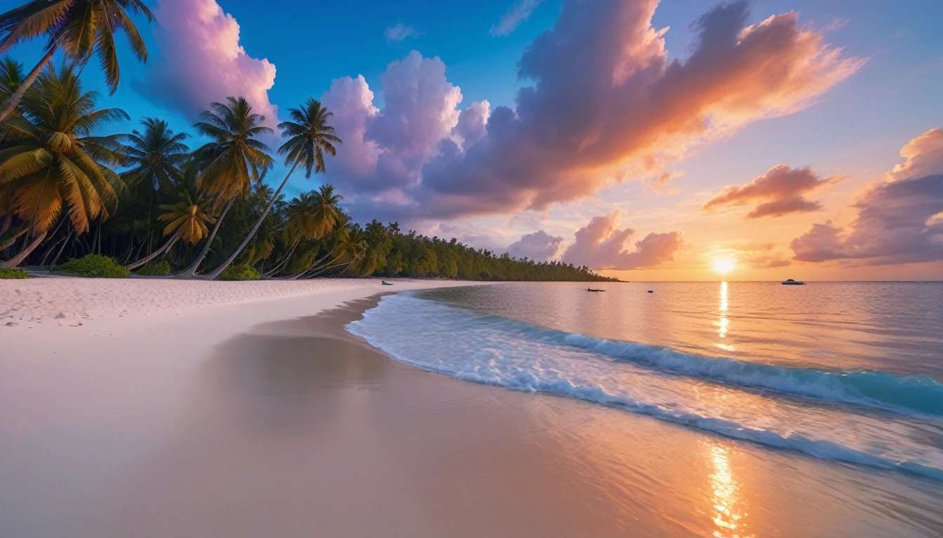 A beach with clear, bright blue water, soft white sand, beautiful coconut trees, a sunset sky with orange-red clouds and a setting sun, blending colors of blue, purple, orange, and red. ultra realistic, ultra clear, ultra detailed, ultra natural, ultra hd, ultra potrait, aesthetic, ultra sharp, pass angle.