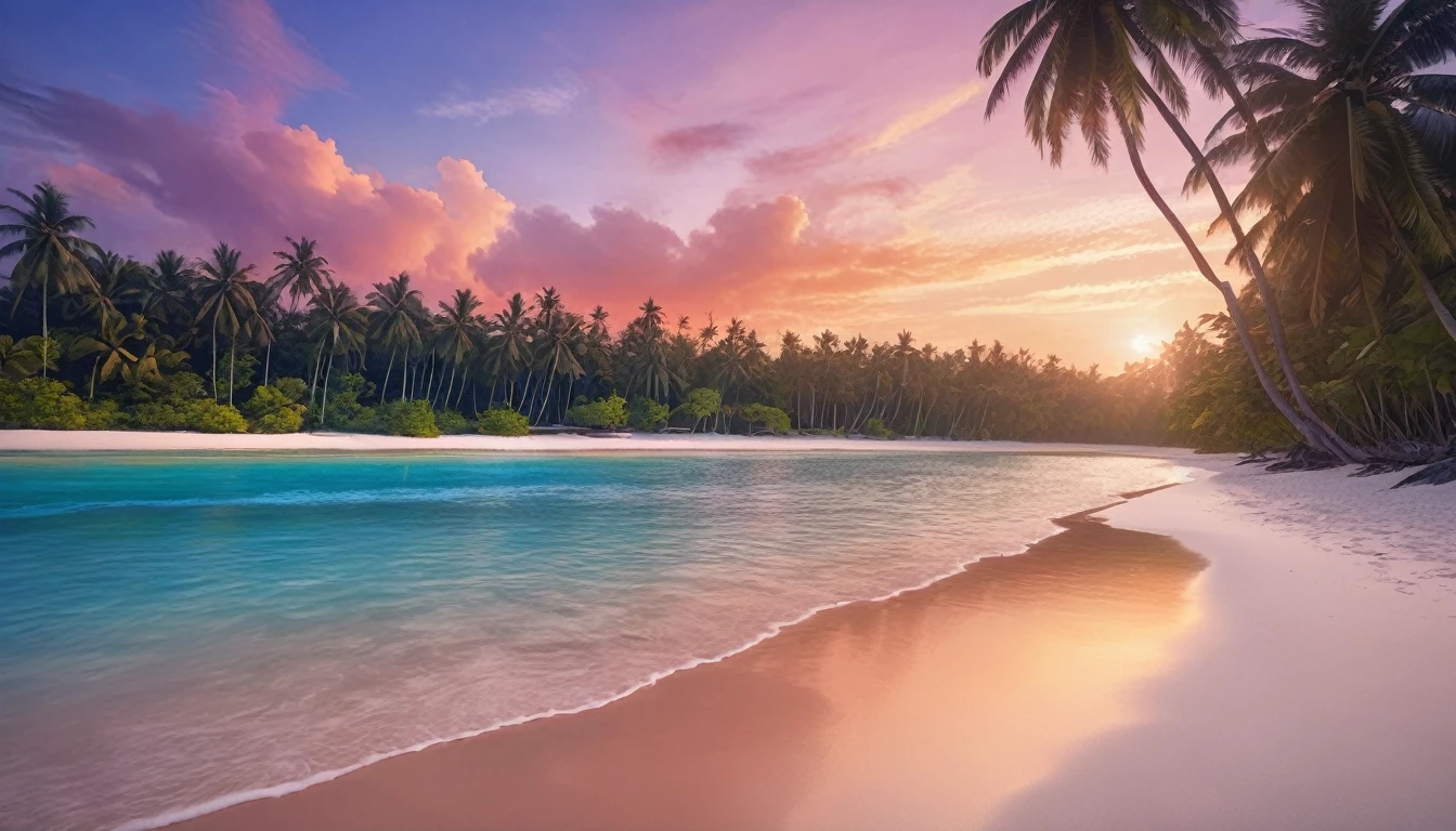 A beach with clear, bright blue water, soft white sand, beautiful coconut trees, a sunset sky with orange-red clouds and a setting sun, blending colors of blue, purple, orange, and red. ultra realistic, ultra clear, ultra detailed, ultra natural, ultra hd, ultra potrait, aesthetic, ultra sharp, pass angle.