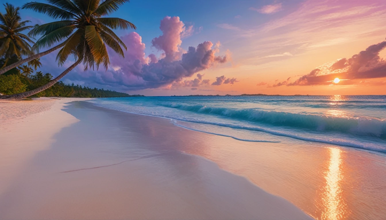 A beach with clear, bright blue water, soft white sand, beautiful coconut trees, a sunset sky with orange-red clouds and a setting sun, blending colors of blue, purple, orange, and red. ultra realistic, ultra clear, ultra detailed, ultra natural, ultra hd, ultra potrait, aesthetic, ultra sharp, pass angle.