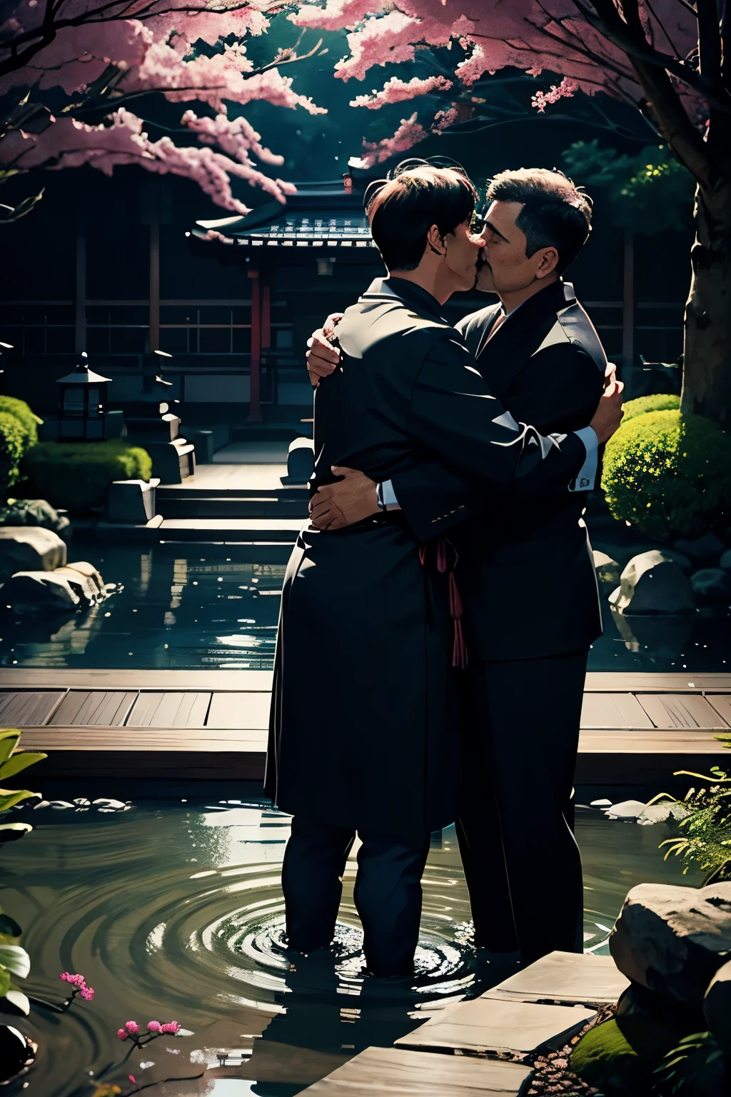 Middle-aged men hugging each other、The background is a Japanese garden. It has a dark and mysterious atmosphere.、it&#39;s raining、Wet from rain、Detailed facial expressions