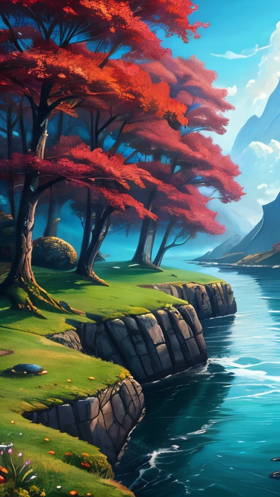 a painting of a rocky island with trees on top of it, a digital painting inspired by Cyril Rolando, polycount contest winner, fantasy art, 4k detailed digital art, 4k highly detailed digital art, scenery art detailed, background art, detailed trees and cliffs, digital painting highly detailed, 8k high quality detailed art, highly detailed digital painting, scenery artwork