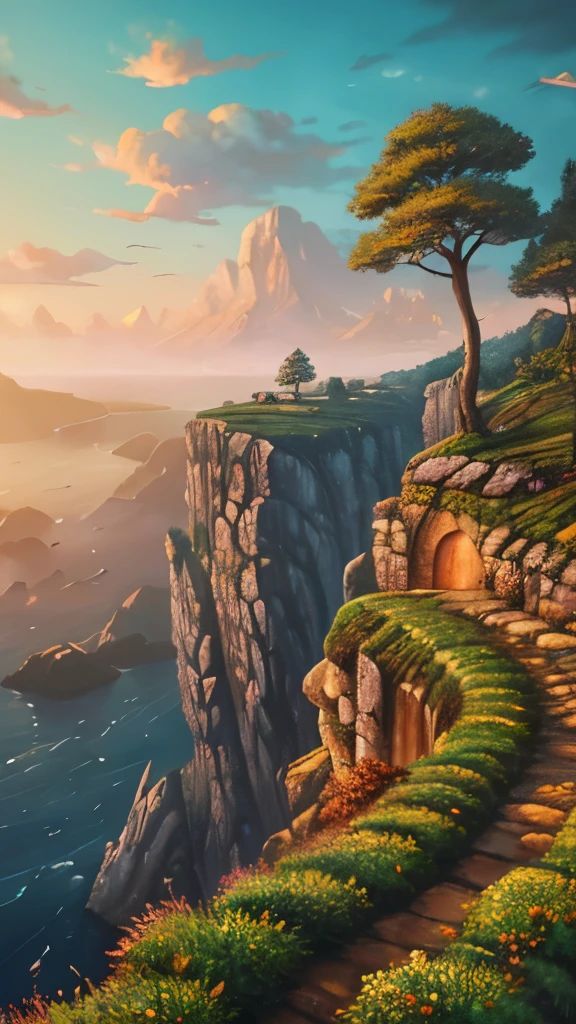 a painting of a rocky island with trees on top of it, a digital painting inspired by Cyril Rolando, polycount contest winner, fantasy art, 4k detailed digital art, 4k highly detailed digital art, scenery art detailed, background art, detailed trees and cliffs, digital painting highly detailed, 8k high quality detailed art, highly detailed digital painting, scenery artwork