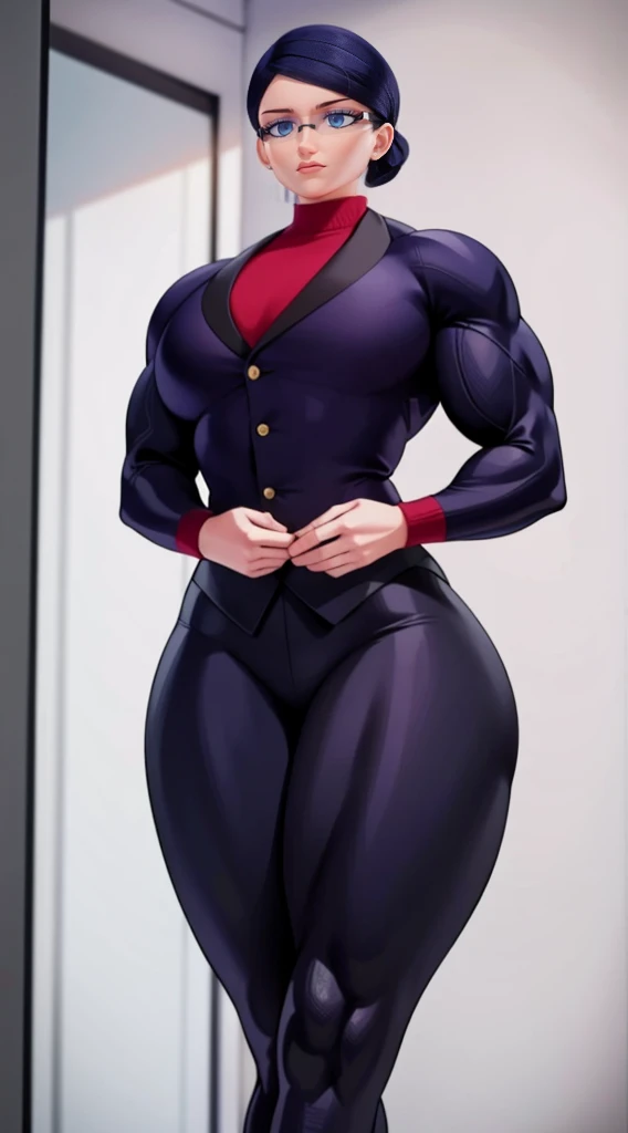 a muscular female bodybuilder in office suit, detailed face, beautiful detailed eyes, beautiful detailed lips, extremely detailed face and muscles, long eyelashes, strong muscles bulging through suit, dynamic pose, professional studio lighting, hyperrealistic, 8k, high quality, photorealistic, physically-based rendering, concept art, dramatic color palette