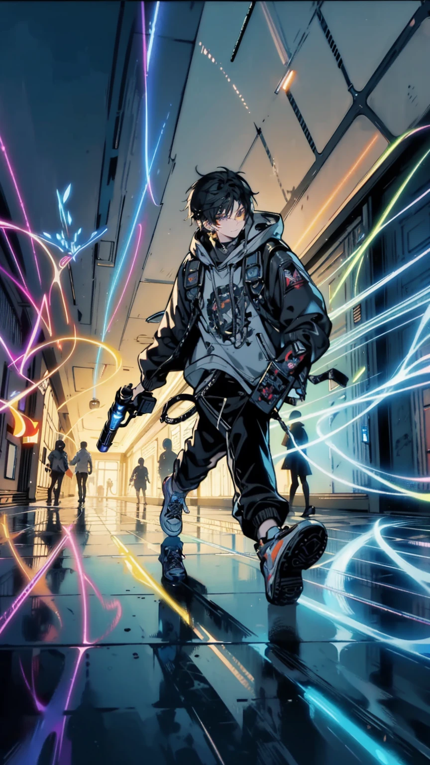 Tattos, A stylish ager with a confident smirk, dodging neon-lit lasers in a deserted mall hallway. Abstract geometric shapes swirl around them, blending with the reflections off the polished floors. Action movie scene, dramatic lighting, (glowing weapons), fantasy world, dark background, clean design, epic, artstation, colorful paint splatter, silhouette, hyper detailed intricate details, unreal engine, fantasy, splash screen, complementary colors, deviantart masterpiece, oil painting, heavy strokes, paint dripping, indifferent expression