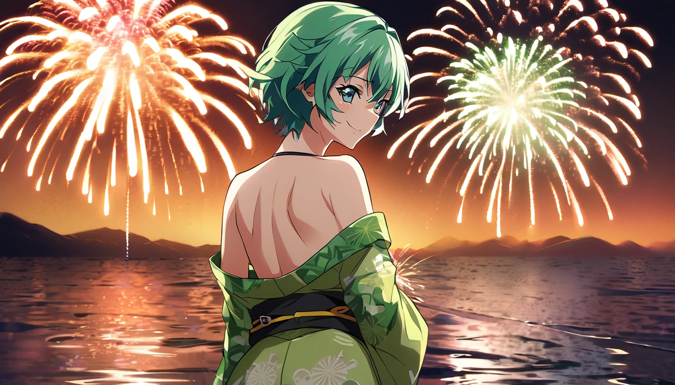 score_9, score_8_up, score_7_up, source_anime, from behind, solo, 1girl, odelschwanck, smile, looking back, skull, green kimono, off shoulder, bare shoulders, backboob, Fireworks