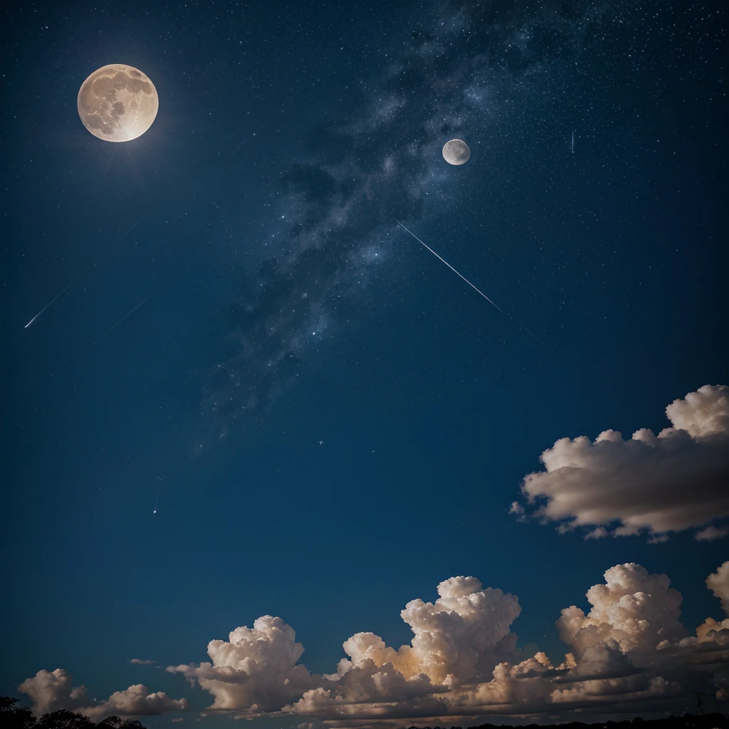 Full moon, in the sky, partly cloudy, with stars behind it