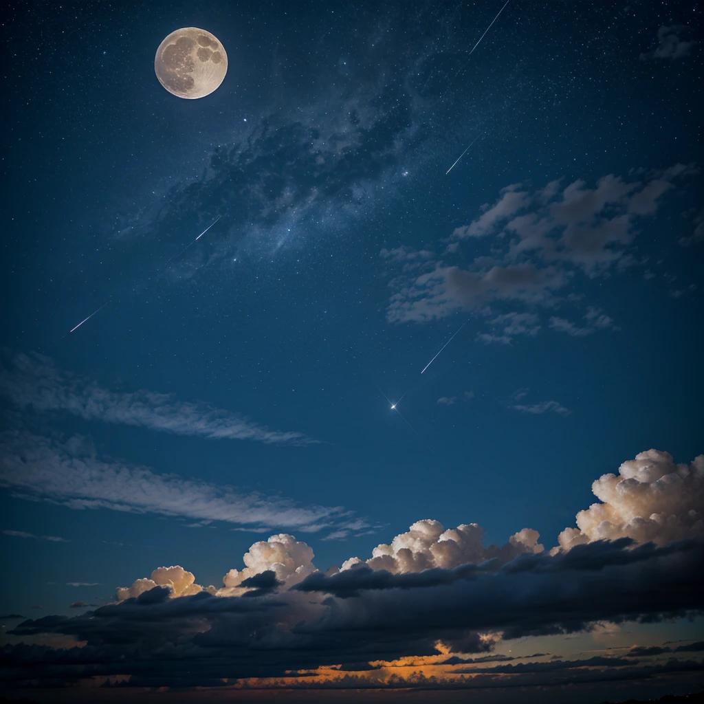 Full moon, in the sky, partly cloudy, with stars behind it