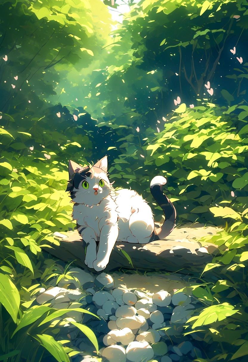 A cat sits on a stone ledge in the forest, Anime Cat, Cute cat anime visuals, realistic Anime Cat, Forest Cat, anime art wallpaper 4k, anime art wallpaper 4k, Anime Nature wallpap, Anime Nature, Anime Rush John 8k Woods, Anime Art Wallpapers 8K, beautiful Anime Catgirl, very beautiful Anime Cat girl