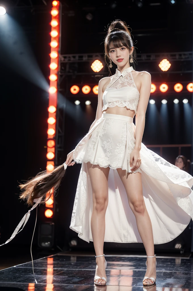 1girl,bangs,bare arms,collar,maxi white lace cheongsam,detailed background,detailed eyes,brown hair,earrings,full body,jewelry,slim,flat chest,ponytail,looking at viewer,makeup,night scene,red lips,signature,laughing,solo,standing,slender legs,high heels,On the T-stage,catwalk,fashion show,Surrounded by crowded crowds on both sides of the stage,neon lights