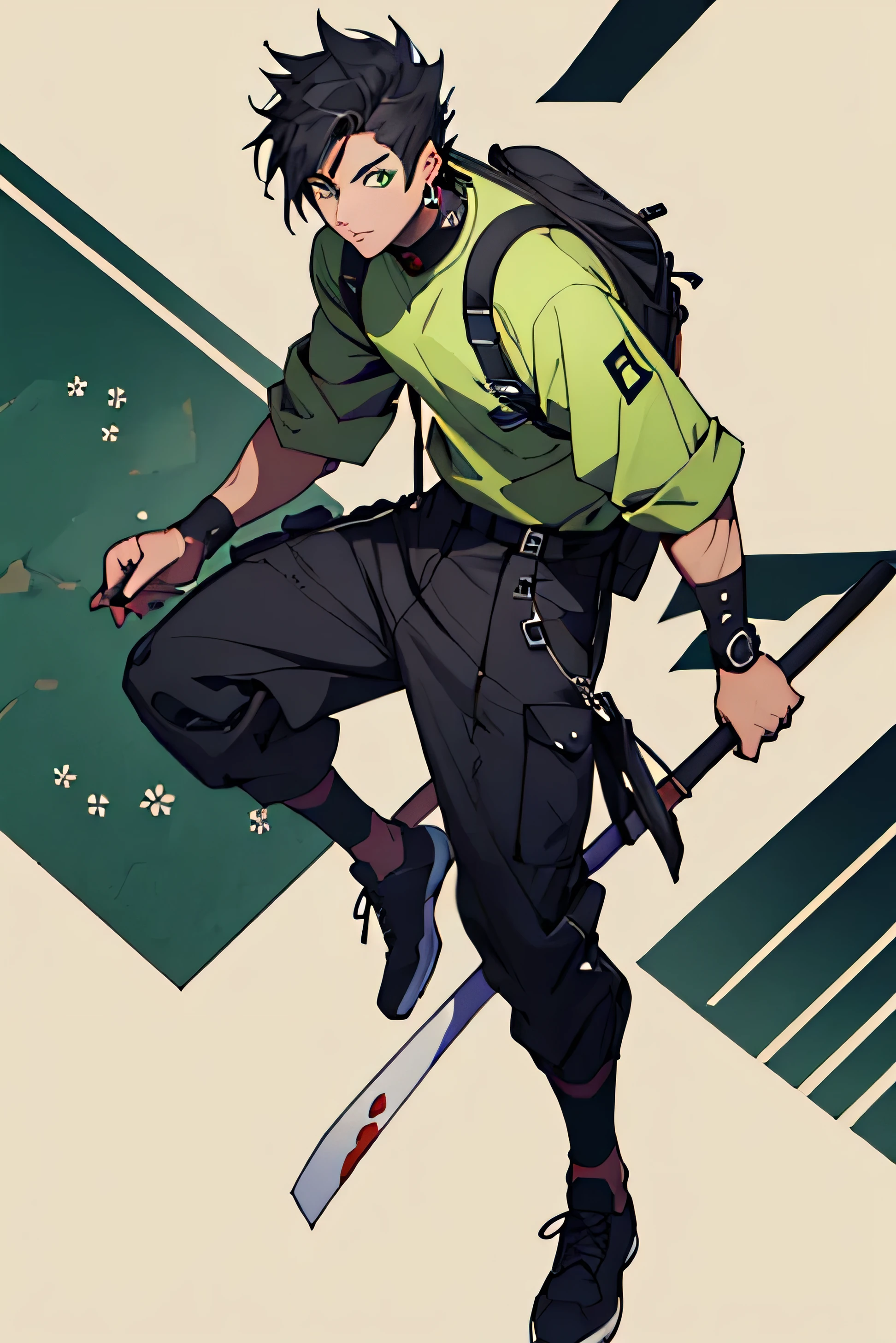 ((best quality)), ((masterpiece)), (detailed), 1guy, black hunter outfit, short smooth black hair, green eyes, hanafuda earrings. full body