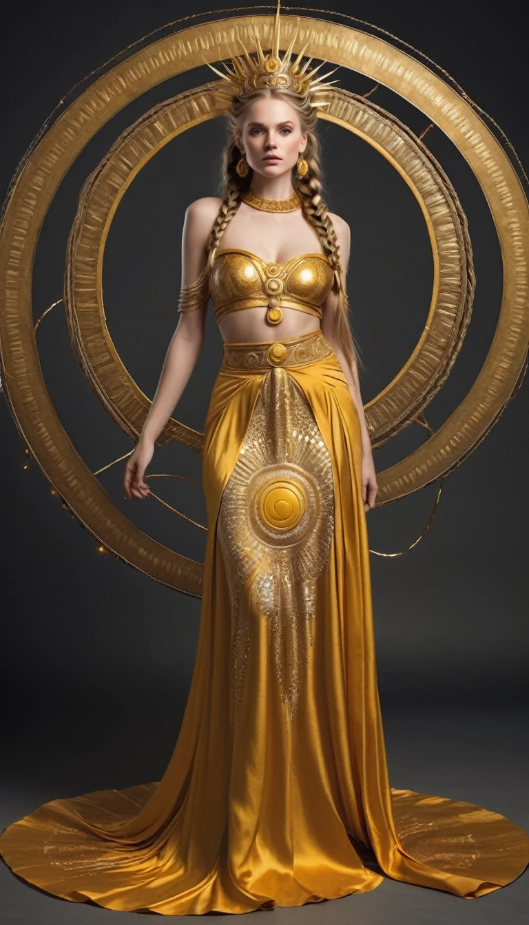 Sun goddess, woman, golden clothes very short top and floor length skirt with neckline and round patterns , crown on the head in the form of a huge disk of the sun, long golden hair to the floor, braided into two braids with round hairpins, Stands tall