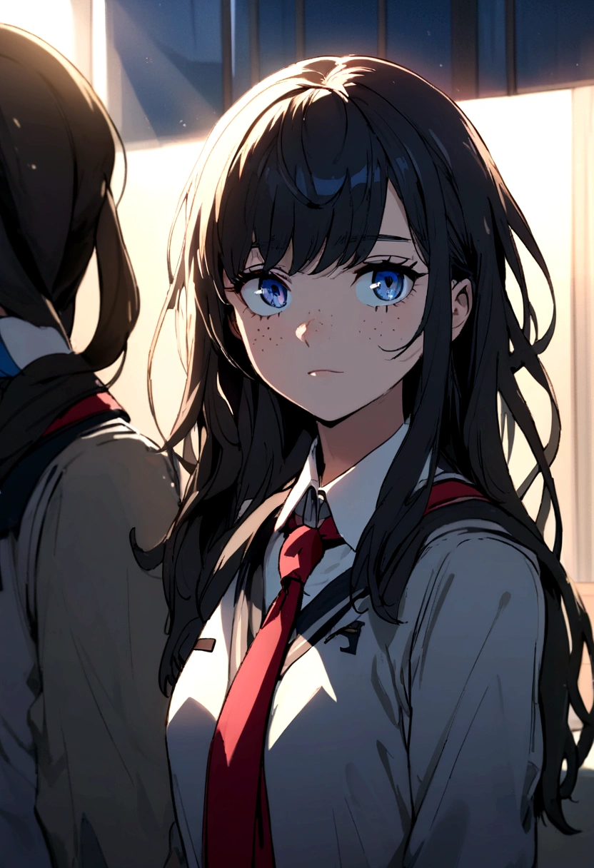 My Hero Academy screenshot of a girl with long black hair with blue highlights and freckles on her face. Yellow ayes.She is wearing the UA uniform, gray jacket and red tie, in the background of a school environment.