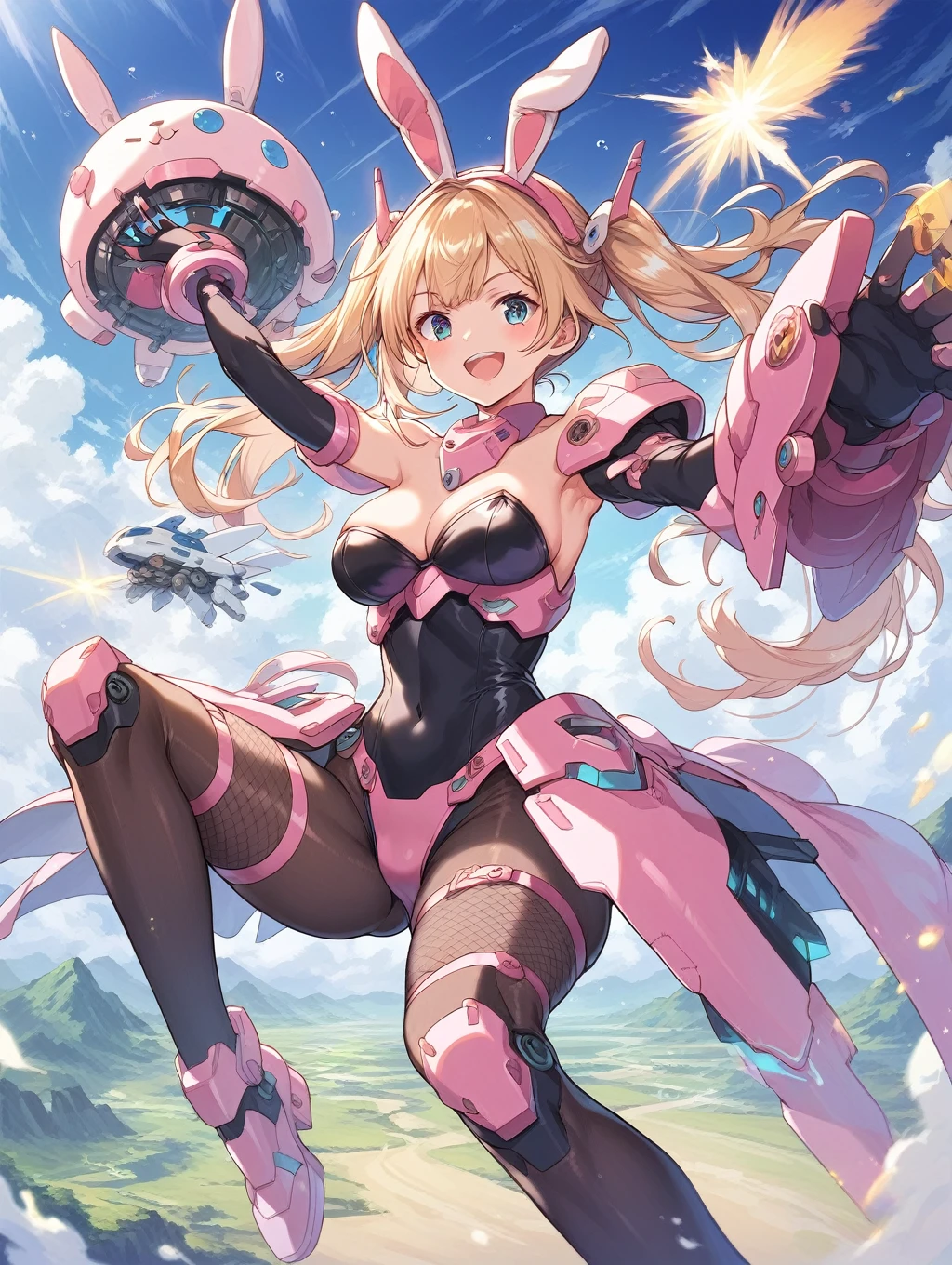 score_9, score_8_up, score_7_up, source_anime, masterpiece, best quality, high resolution, extremely detailed CG, absurdres, 1girl, a girl in mecha bunny_suit jumps high in the air, mecha_bunny_ears, fake animal ears, mecha armor,happy, kawaii, sky, jump, fishnet_thighhighs, large_breasts, holding weapon