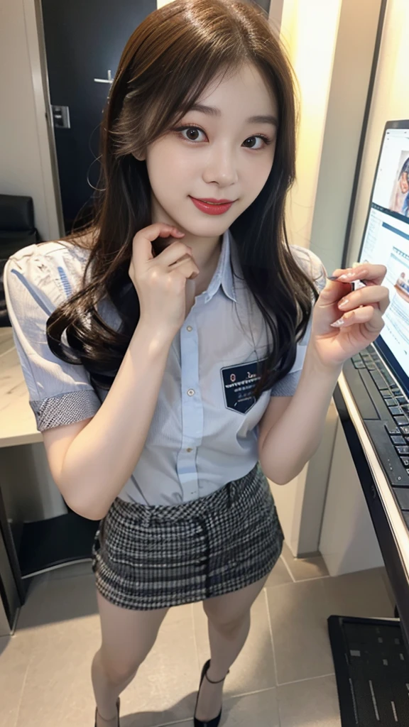 ((top-quality、masterpiece、photographrealistic:1.4、in 8K))、Beautuful Women1a person、25years old、beautiful hairl、delicate and beautiful face、Eyes and faces with detailed 、(Modern workplace with computer:1.2)、(Shirt:1.2)、(standing:1.2)、A smile、Beautiful lighting、Textured skin、Super Detail、high detailing、High quality、hight resolution、(looking at the viewers)、Detailed mouth、Opening Mouth、full body Esbian、tight skirts、Women at work、Fishnet Stockings、Coffee、window、Women who can work、high-heels