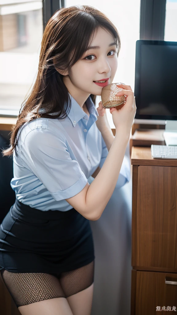 ((top-quality、masterpiece、photographrealistic:1.4、in 8K))、Beautuful Women1a person、25years old、beautiful hairl、delicate and beautiful face、Eyes and faces with detailed 、(Modern workplace with computer:1.2)、(Shirt:1.2)、(standing:1.2)、A smile、Beautiful lighting、Textured skin、Super Detail、high detailing、High quality、hight resolution、(looking at the viewers)、Detailed mouth、Opening Mouth、full body Esbian、tight skirts、Women at work、Fishnet Stockings、Coffee、window、Women who can work、high-heels