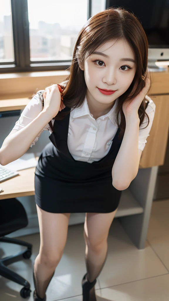 ((top-quality、​masterpiece、photographrealistic:1.4、in 8K))、Beautuful Women１a person、25years old、beautiful hairl、delicate and beautiful face、Eyes and faces with detailed 、(Modern workplace with computer:1.2)、(Shirt:1.2)、(standing:1.2)、A smile、Beautiful lighting、Textured skin、Super Detail、high detailing、High quality、hight resolution、（looking at the viewers）、Detailed mouth、Opening Mouth、full body Esbian、tight skirts、Women at work、Fishnet Stockings、Coffee、window、Women who can work、high-heels, short hair 