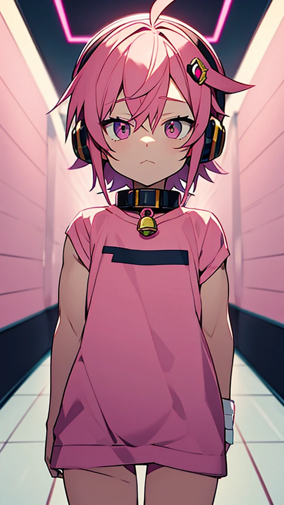 1man-boy, pink hair ornament,headset, pink, Looking ahead,no pants,Wear a pink collar with a bell,Have muscles ,open thigh, Raise your leg,Have a cold expression.