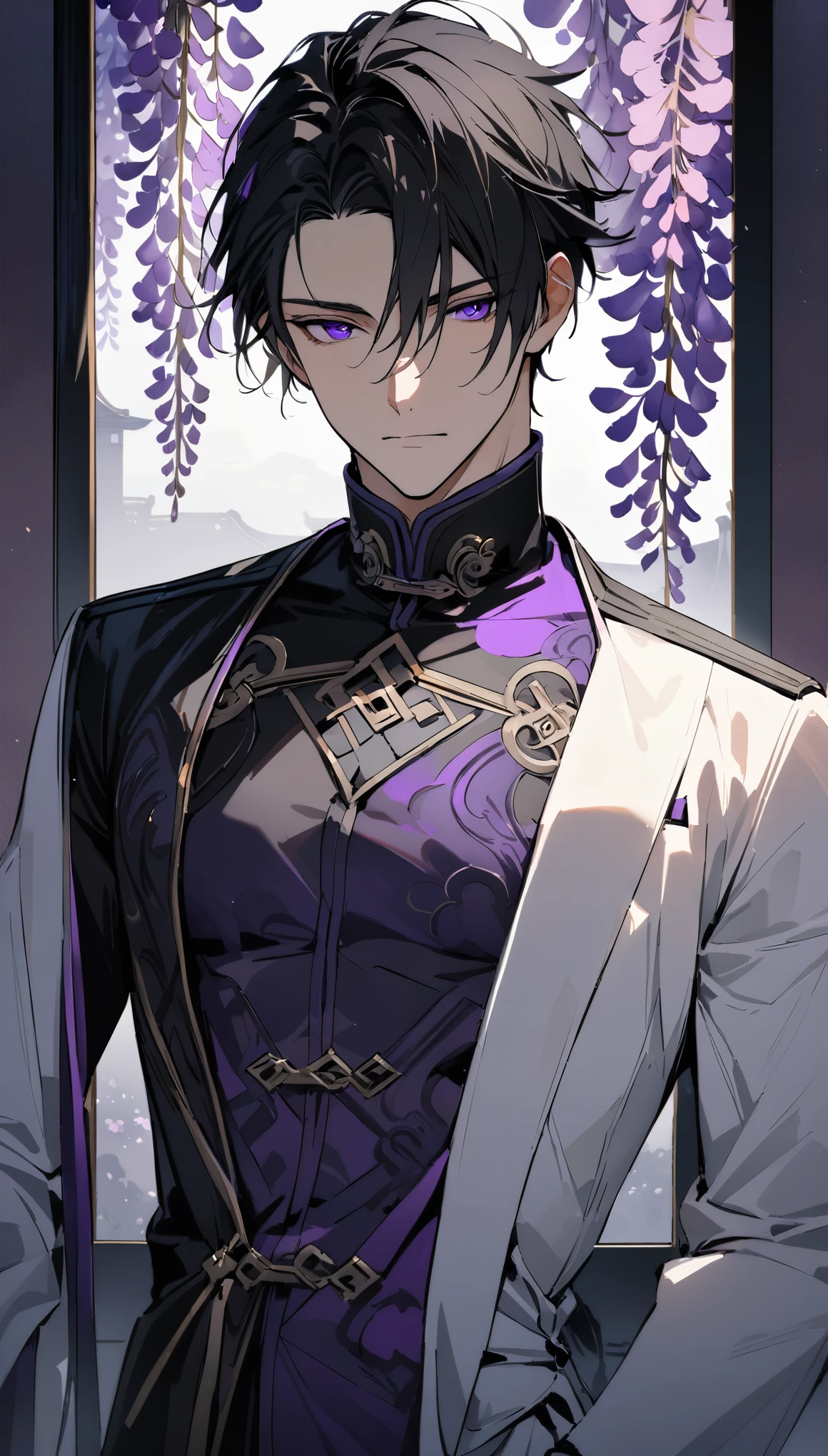 (masterpiece:1.5)，best quality，(1 Handsome and calm man)，alone，black short hair，(purple eyes), (soft expression)，perfect face，Fantasy Chinese style，Long black trench coat，white and purple cloth，Complex clothing design with Chinese elements，Black leather gloves，white lining，White suit pants，Slightly muscular body，High，8K，Beautiful contrast of light and shadow，purple flowers，Wisteria flowers，(complete upper body)，Positive face，((luxury screen))，Chinese style palace background