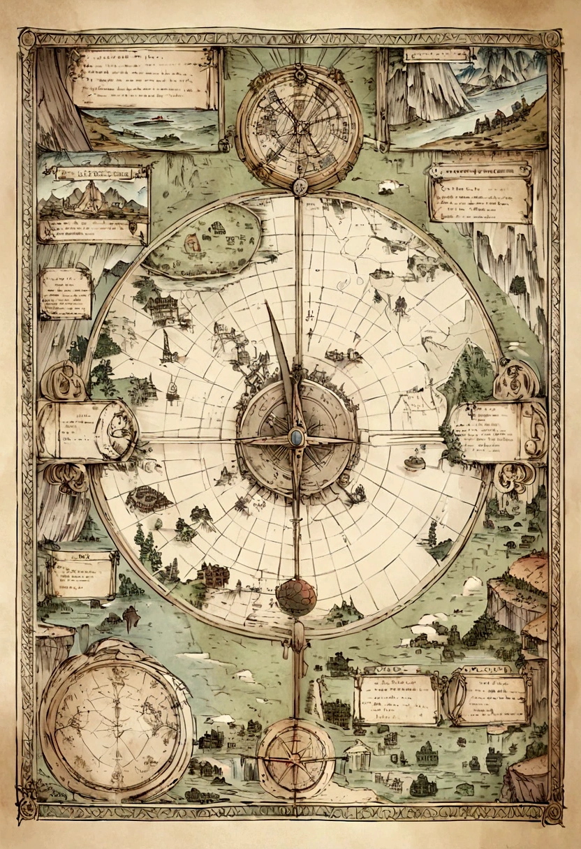 Craft a map of a fictional world with concealed clues or coordinates that lead to a hidden treasure or story element.