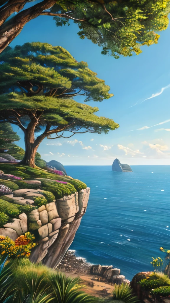 a painting of a rocky island with trees on top of it, 4k detailed digital art, 4k highly detailed digital art, scenery art detailed, detailed trees and cliffs, background art, digital painting highly detailed, 8k high quality detailed art, highly detailed digital painting, scenery artwork, very detailed digital painting, 4k detailed art, cliff side