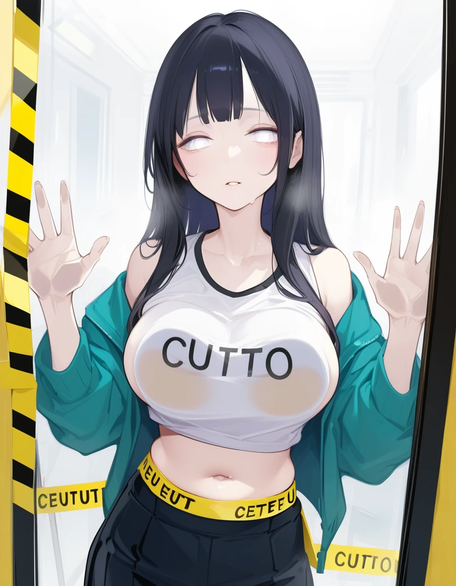score_9,score_8_up,score_7_up,score_6_up,score_5_up, hadrian, hd5,ama_mitsuki,uncensored,
breasts on glass,against glass,breast press,1girl, hands up, open hands,half-closed eyes, navel, hyuuga hinata, large breasts, sagging breasts,pale skin, narrow waist, white eyes,reflection, caution tape, clothed