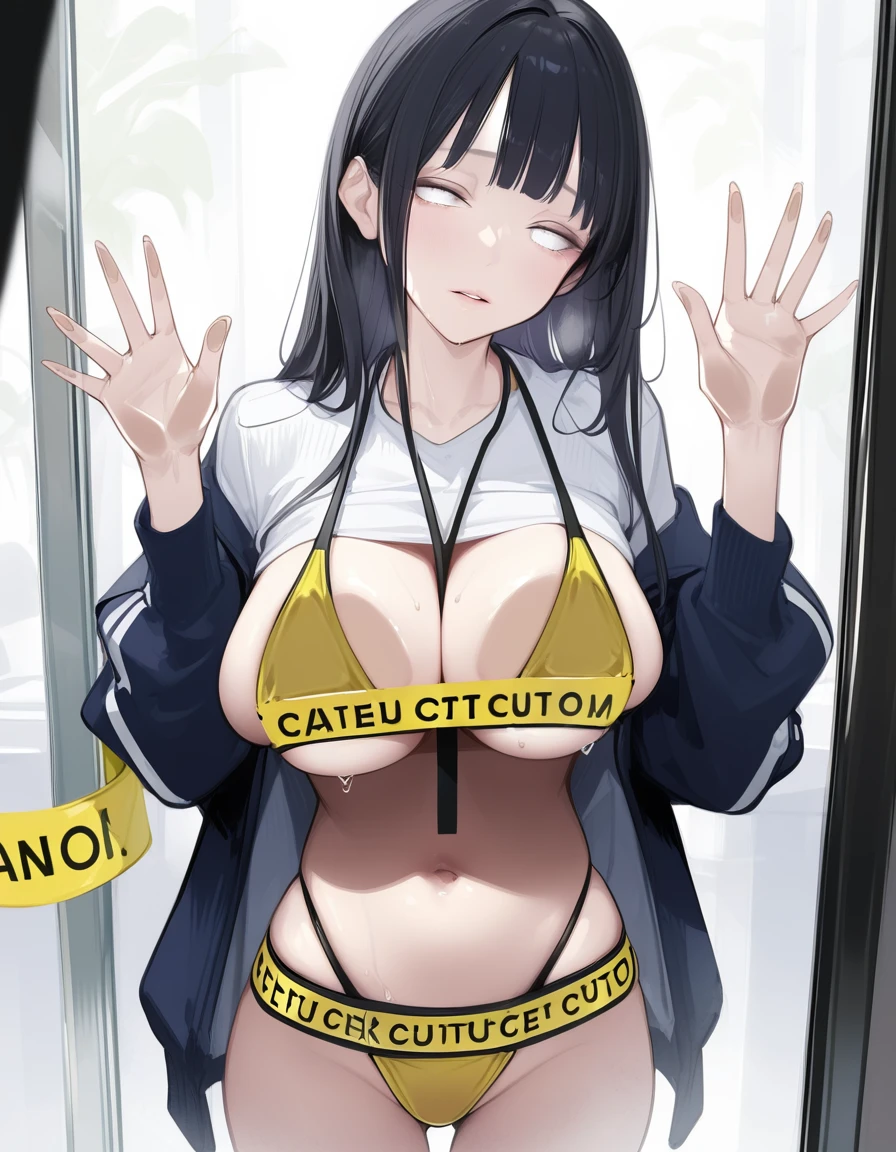 score_9,score_8_up,score_7_up,score_6_up,score_5_up, hadrian, hd5,ama_mitsuki,uncensored,
on glass,against glass,breast 1girl, hands up, open hands,half-closed eyes, navel, hyuuga hinata, large breasts, saggasts,pale skin, naist, white eyes,reflection, caution tape, clothed