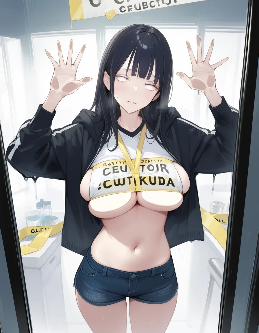 score_9,score_8_up,score_7_up,score_6_up,score_5_up, hadrian, hd5,ama_mitsuki,uncensored,
breasts on glass,against glass,breast press,1girl, hands up, open hands,half-closed eyes, navel, hyuuga hinata, large breasts, sagging breasts,pale skin, narrow waist, white eyes,reflection, caution tape, clothed