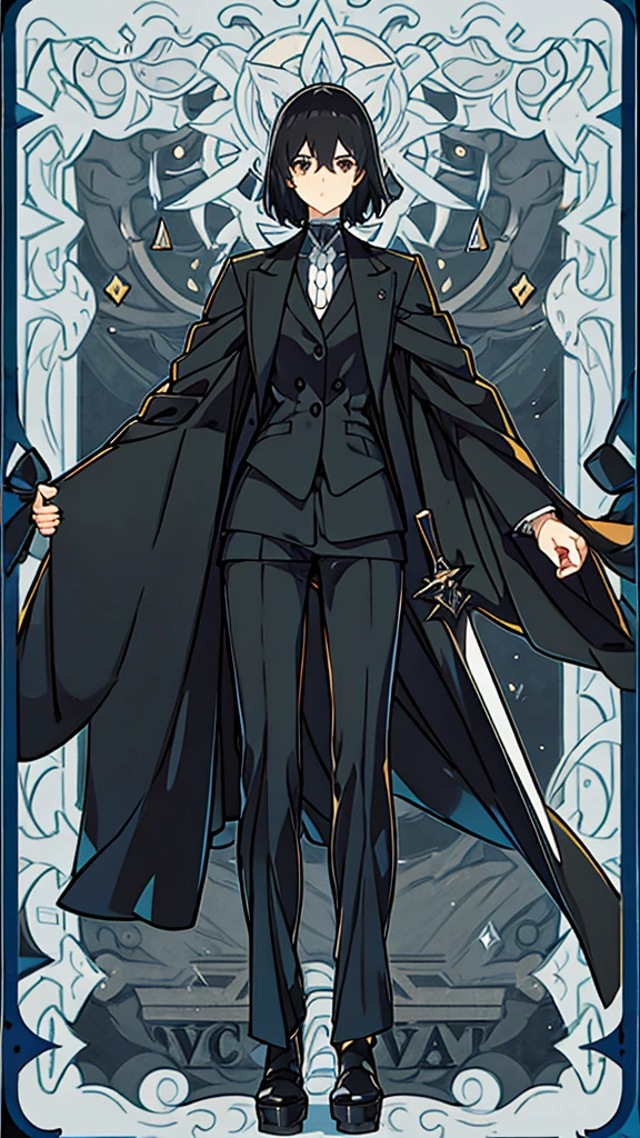 Short black hair，black suit，male，A dark mask covers the entire face，Holding a long black knife，indifferent，anime style，Height 187 cm