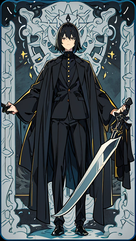 Short black hair，black suit，male，A dark mask covers the entire face，Holding a long black knife，indifferent，anime style，Height 187 cm