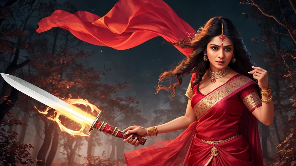 Draw a scene of an Indian chudail, Shahrukh Khan as a female ghost with long hair and inverted feet, in a realistic style,She is flying in the night sky, Haunted Forest, She is wearing a Red sari that flows behind her like a trail of smoke, Her face is beautiful, with sharp teeth and glowing red eyes, She is holding a severed head in one hand and a bloody knife in the other. She is looking for her next victim, who is unaware of her presence, ultra realistic, highly detailed, proper body parts