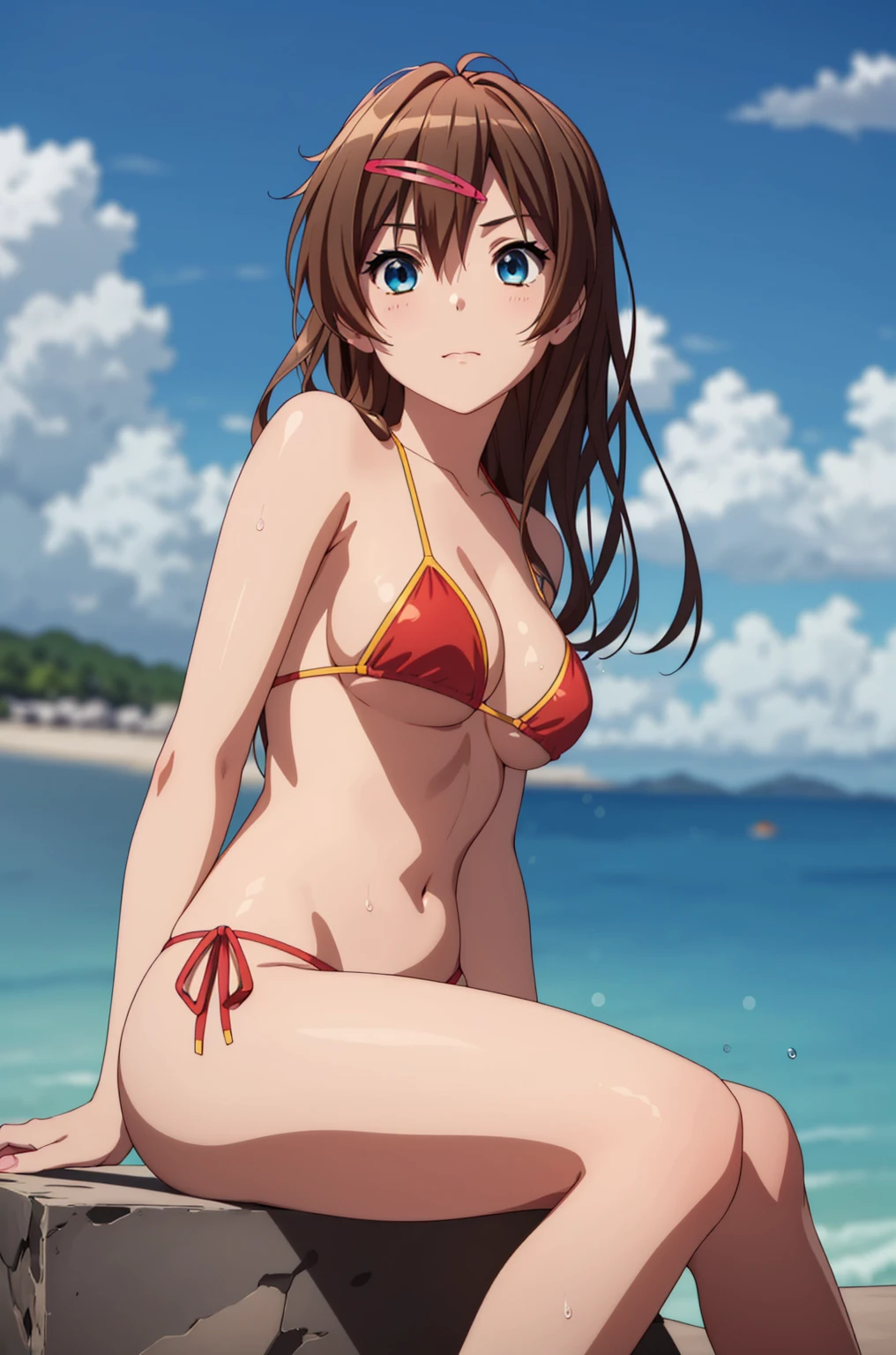 ((masterpiece, Highest quality, High resolution, UHD, Pixel perfect, Depth of written boundary, 4K, rtx, HDR)), 1 Girl, single, alone, 24-years-old, Beautiful Anime Girls, Beautiful art style, anime character, ((Parted bangs, Brown Hair)), (blue eyes、Round eyes, Delicate eyelashes、Beautiful eyelashes, Perfect Eyes), (Detailed face:1.2), (Smooth texture:0.75, Realistic texture:0.65, Realistic:1.2, Cinematic, Anime CG Style), Perfect body, Ocean:1.3、Moderately good breasts:1.7、Red Micro Bikini Swimsuit:1.8、Visible from the thighs:1.9、Wet、Water Drop、Splash、nsfw、visible from below、Sitting、Crossing your legs
