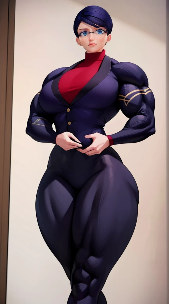 a muscular female bodybuilder in office suit, detailed face, beautiful detailed eyes, beautiful detailed lips, extremely detailed face and muscles, long eyelashes, strong muscles bulging through suit, dynamic pose, professional studio lighting, hyperrealistic, 8k, high quality, photorealistic, physically-based rendering, concept art, dramatic color palette