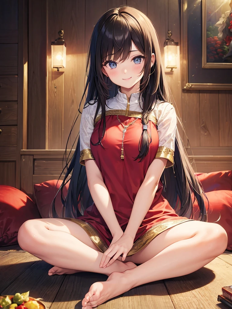 (masterpiece:1.5),(Beat quality),(high res),1girl solo,beautiful face,smile(shining eyes),light effects,Woman in plain clothes,indian style sitting,room