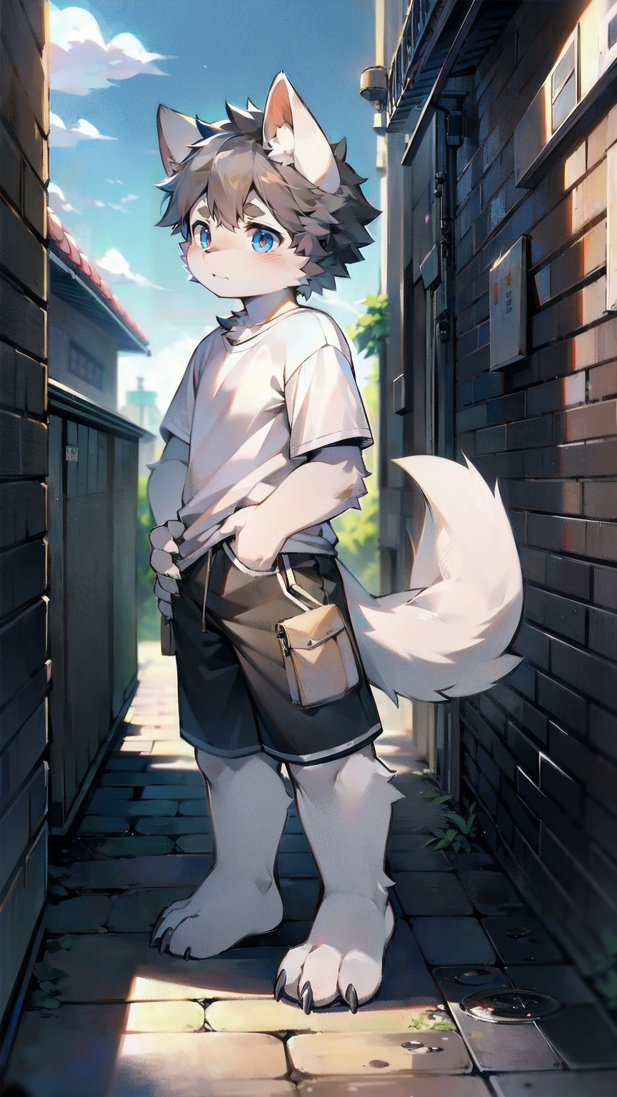 White Wolf，male，boy，Smile，happy，Sky blue eyes，Black-gray hair，hairy，Wolf ears，柔软的hairy尾巴，White shirt，Short-sleeved shirt，arm，Animal Claws，Meat pad，Put one hand in your pocket，Wave with one hand，Black shorts，thigh，Standing，Neighborhood，Small alley，Bustling