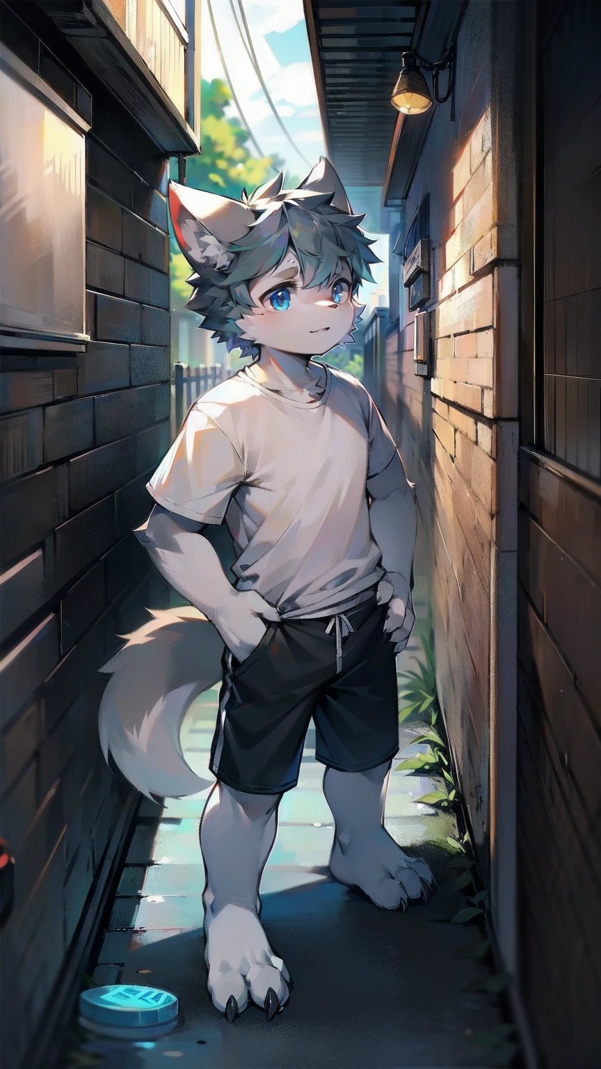 White Wolf,male,boy,Smile,happy,Sky blue eyes,Black-gray hair,hairy,Wolf ears,柔软的hairy尾巴,White shirt,Short-sleeved shirt,arm,Animal Claws,Meat pad,Put one hand in your pocket,Wave with one hand,Black shorts,thigh,Standing,Neighborhood,Small alley,Bustling