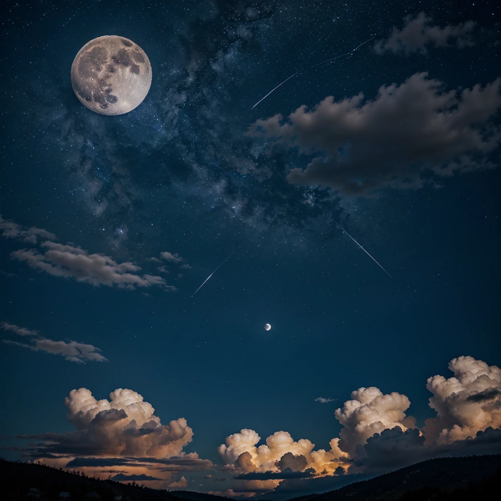 Full moon, in the sky, partly cloudy, with stars behind it