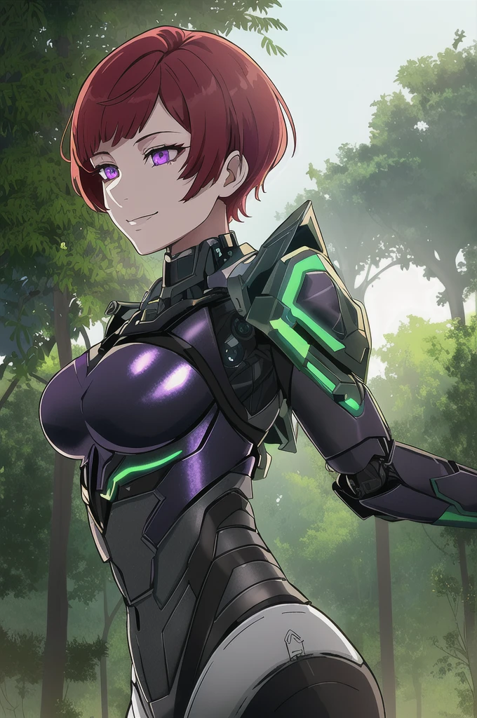 metallic workshop, plants, vegetation, weak lights and shadows, sunlit, tree canopy, - upper body, mech-girl, md-mech:1.45, medium breasts, red short hair, violet eyes, evil smiling, md-mech, looking viewer, standing stylish, hand on hips