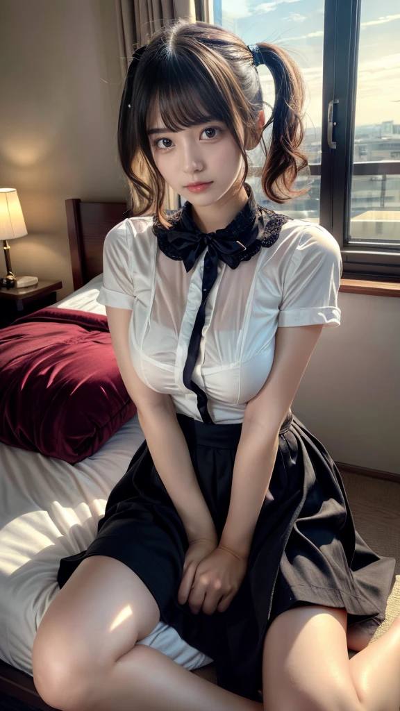 masterpiece, best quality, illustration, Super detailed, fine details, High resolution, 8K,wall paper, perfect dynamic composition,(Details High quality, realistic depiction of eyes:1.3), short hair, (wavy hair:1.2), Silk Collar Shirt, Long flared skirt, pony tail hair, huge breasts,  black hair color, Big Natural Color Lip, bold sexy pose, crying a little、Harajuku style、20 year old girl、cute type、lolita、beautiful legs, hotel room, full body photo、focus on crotch, hposing Gravure Idol, Sexy shot looking at camera, Sunset, by the window, Summer, knee sox, make up, Curve