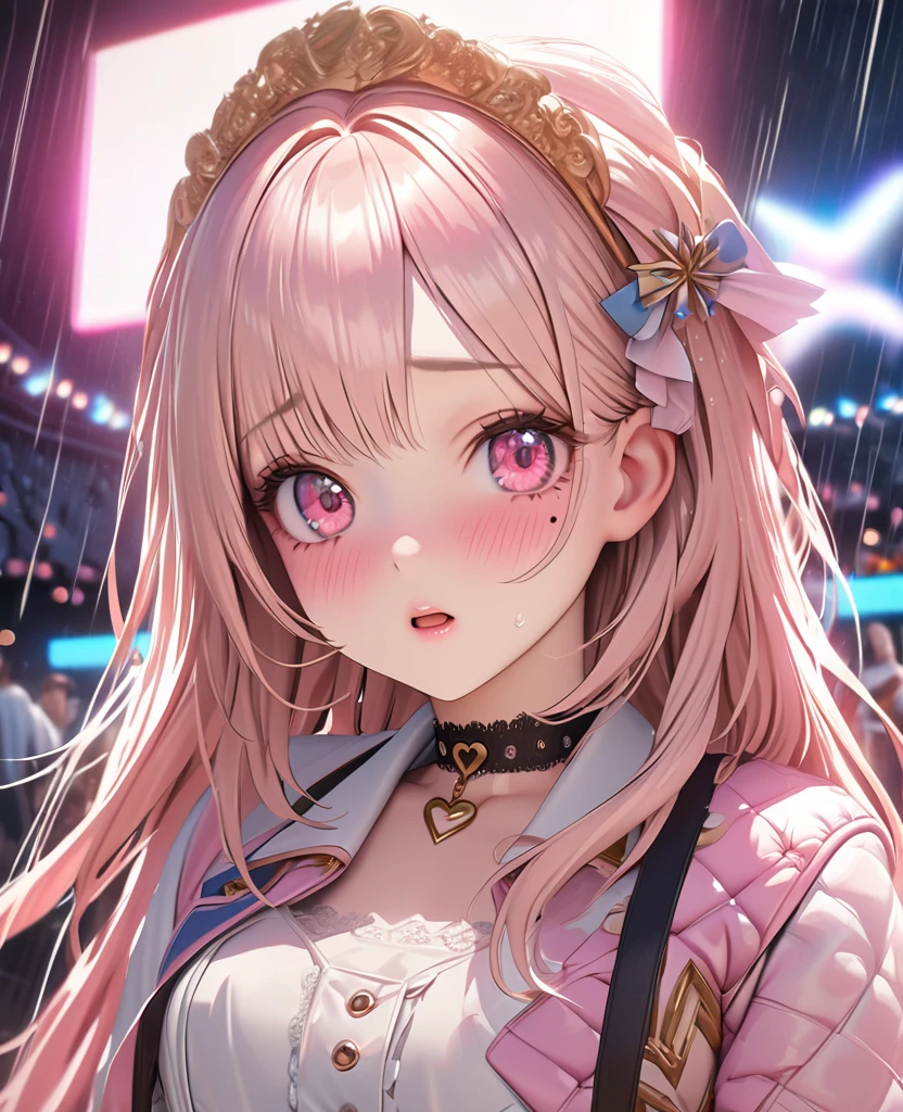 masterpiece, best quality, ultra detailed, high resolution, expensive resolution, HDR, 4k, 8K, uniform 8k wallpaper, ultra detailed CG, masterpiece, realistic, 2D, 3D, beautiful details, depth, fine texture, ultra fine: 1.3, perfectly focused, crispy .skin, .he, very cute anime girl, idol, drenched in heavy rain outdoor stage, chest part is visible through, brown short twin-tail hair wearing expensive clothes, one girl, one person, brown short twin-tail hair, idol, mole under eye, looking at the viewer, expensive, blush, mole, open lips, hair accessory, heart-shaped choker, pink eyes, choker