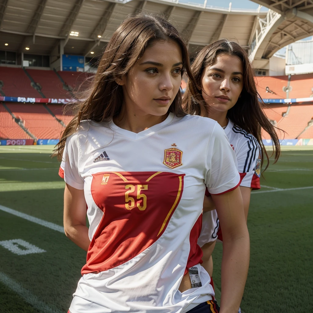 Give me more images of the same woman, ella sola, with the Spain t-shirt, inside a football stadium