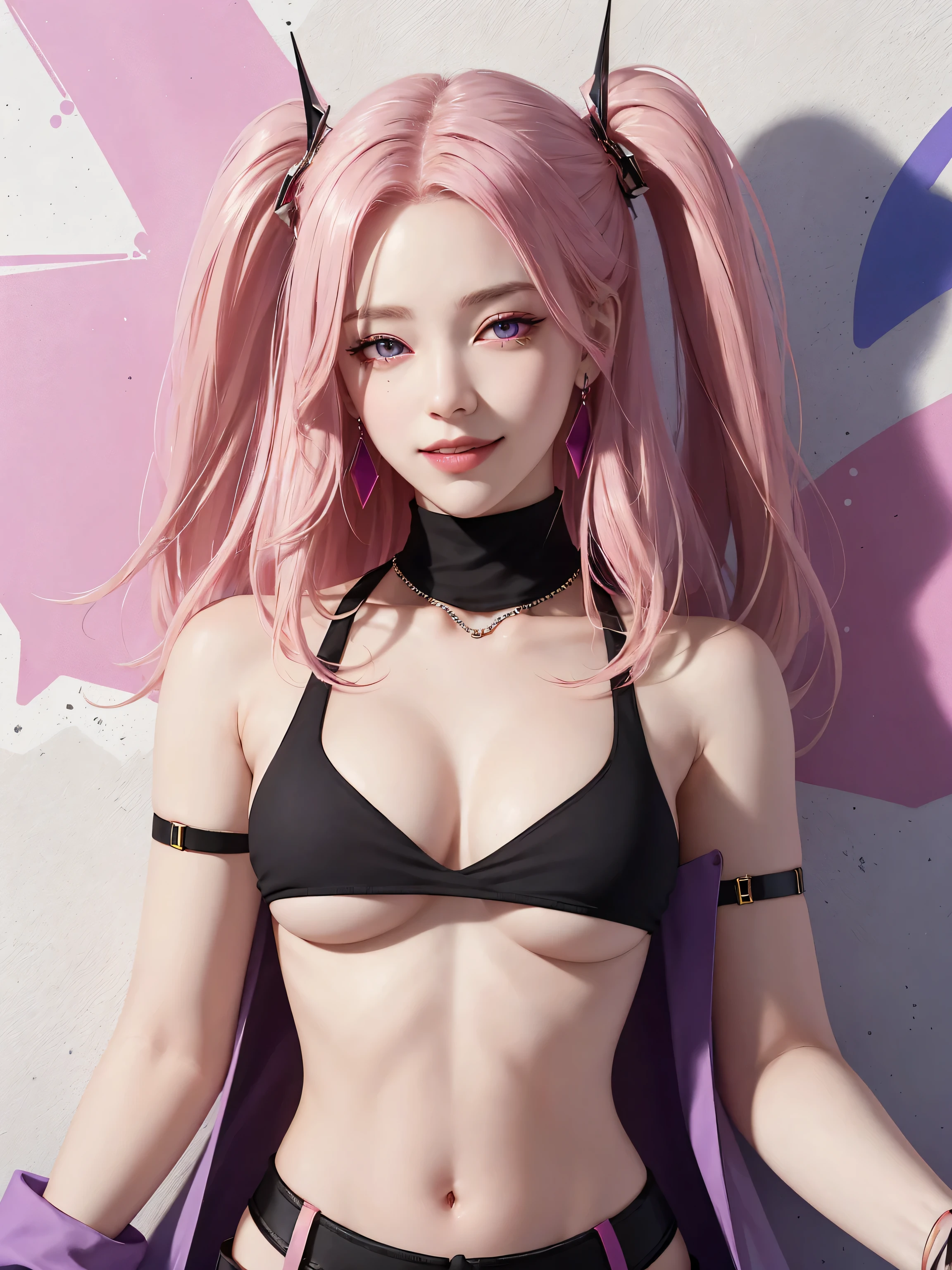(Masterpiece, best quality, 1 girl, alone, complicated details, Chromatic aberration), realistic, ((Moderate breath)),long hair, pink hair, Red headpiece, Pink Highlights, hair on one eye,purple eyes, earring, sharp eyes, choker, Neon coat, She wears a collar, bangle, and kimono style garters., crop top, (symmetrical eyes),(Perfect symmetrical body),against the wall, Brick wall, (colorful graffiti words on the wall:1.2), The light is dim., alley ,Look at the viewer.、Dig the chest、smile、(sleeveless、Navel touch、Fitted turtleneck.)、street string hot pants、Thin bottom、Please build above the eaves..、Thin shoulders、in underwear、