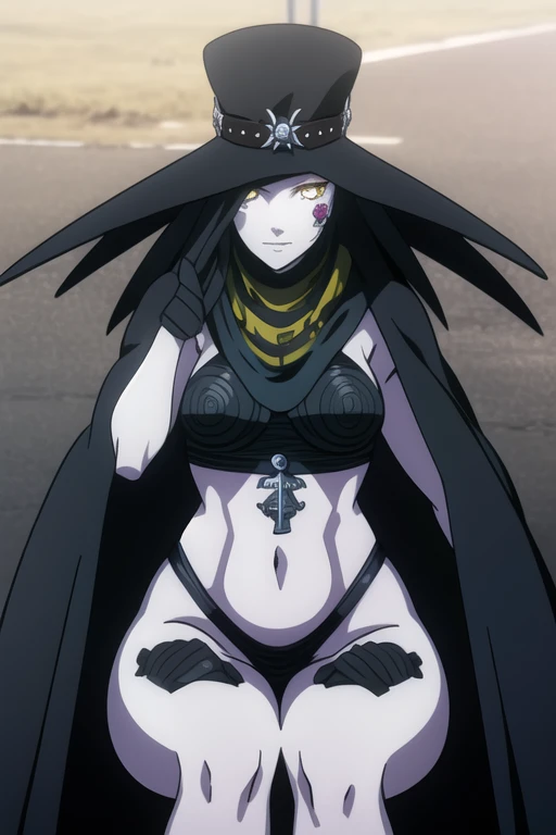 Scathach, solo, female1, shin megami tensei, cape hat, black cape, flower tattoo, gloves, white skin, (yellow eyes 1.5)flowing, sitting, shirt, smile,
BREAK looking at viewer,
BREAK outdoors,
BREAK (masterpiece:1.2), best quality, high resolution, unity 8k wallpaper, (illustration:0.8), (beautiful detailed eyes:1.6), extremely detailed face, perfect lighting, extremely detailed CG, (perfect hands, perfect anatomy),