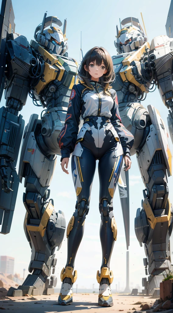 Girl standing in front of the mecha,Mech pilot,Rounded curves of the mecha,Mecha Background,Mechanical style background,Girl in tights standing in front of mecha,Girl standing in front of a mecha,Behind the girl is a huge mecha,Standing in front of the mech,The girl in tights stands in front of the tall mecha,Behind the girl in tights is a mecha,女孩Standing in front of the mech,女孩Standing in front of the mech,Standing in front of the mech的女孩,Mecha Background,The background is a mecha,女孩Close-up above the waist,Tilt view lens,Girl standing under the mecha,Girl close-up from waist up,Close-up above the waist,Upper body close-up