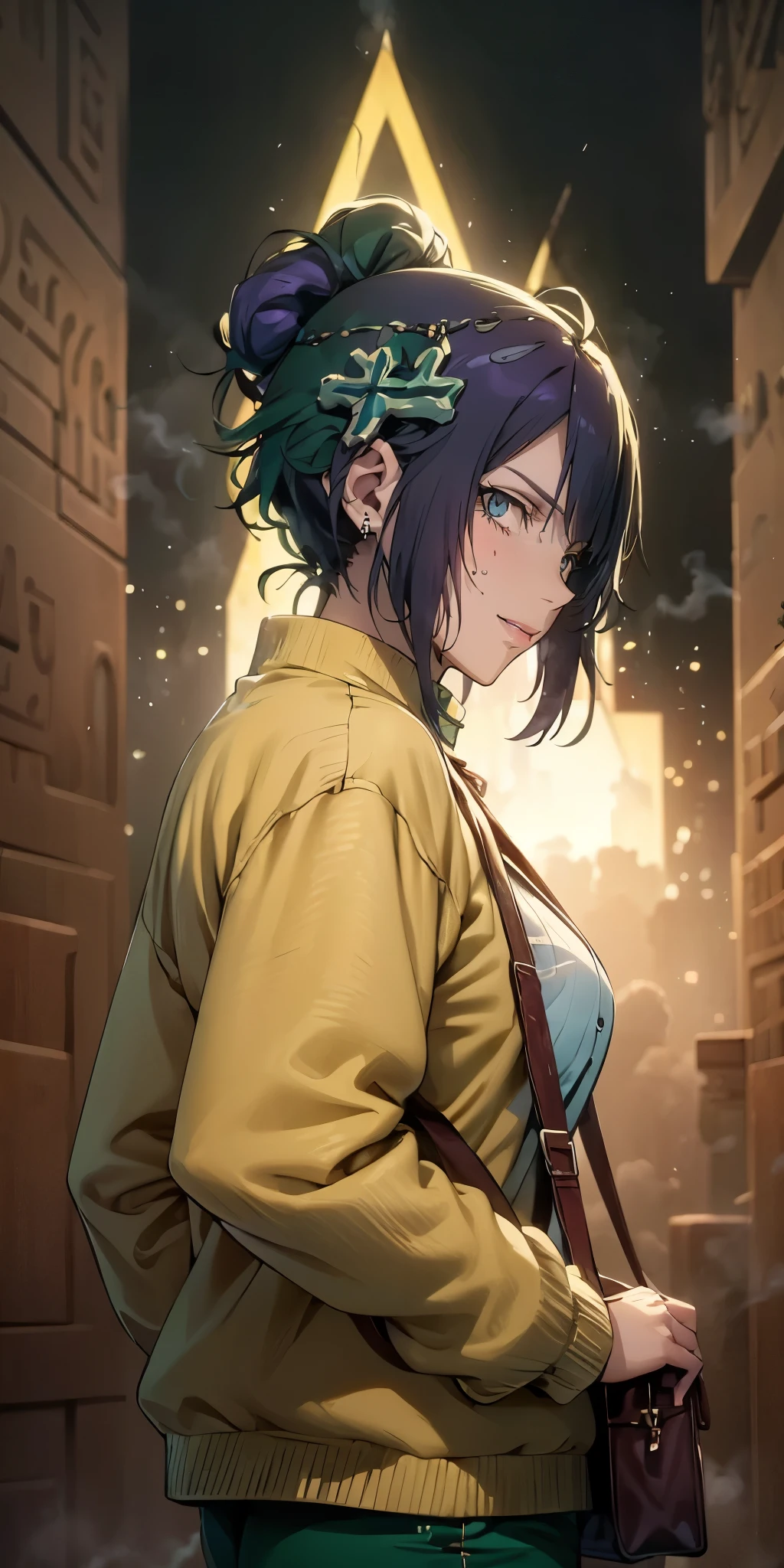 MC, ahoge, (long hari, purple hair:1.3), hair ornament, dark-blue eyes, anatomically correct, heavy breathing, mature female, 1girl, solo, breasts, looking at viewer, long sleeves, jewelry, green eyes, jacket, cowboy shot, earrings, parted lips, pants, bag, from side, green jacket, shoulder bag simple background, (bokeh:1.3) reflective, (fog:1.3), fireflies, hollow eyes, bright pupils, dark-blue eyes, looking at viewer. glowing eyes heavy breathing, seductive smile, (steaming face:1.3), blush face, lips,