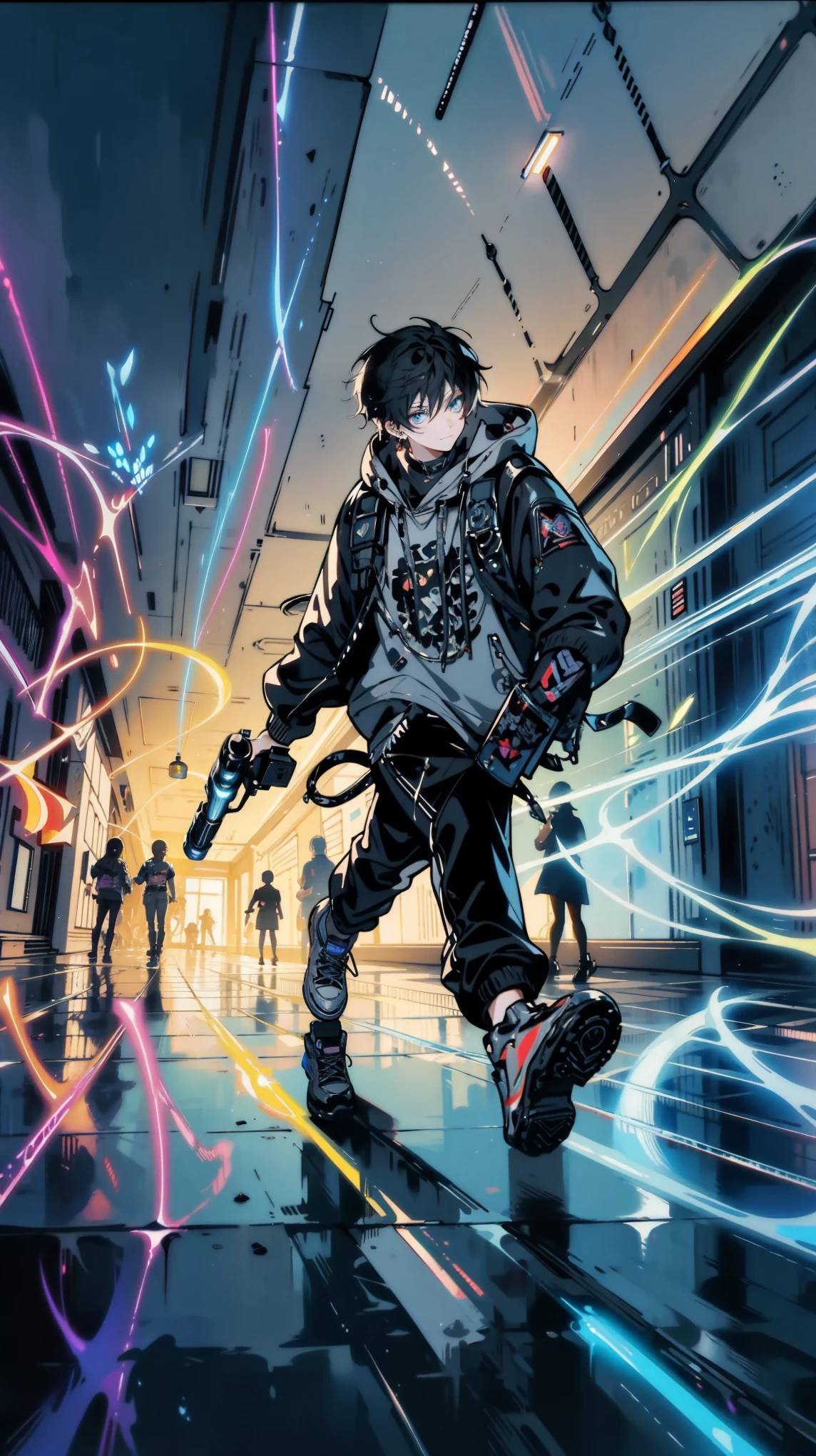 Tattos, A stylish teenager with a confident smirk, dodging neon-lit lasers in a deserted mall hallway. Abstract geometric shapes swirl around them, blending with the reflections off the polished floors. Action movie scene, dramatic lighting, (glowing weapons), fantasy world, dark background, clean design, epic, artstation, colorful paint splatter, silhouette, hyper detailed intricate details, unreal engine, fantasy, splash screen, complementary colors, deviantart masterpiece, oil painting, heavy strokes, paint dripping, indifferent expression
