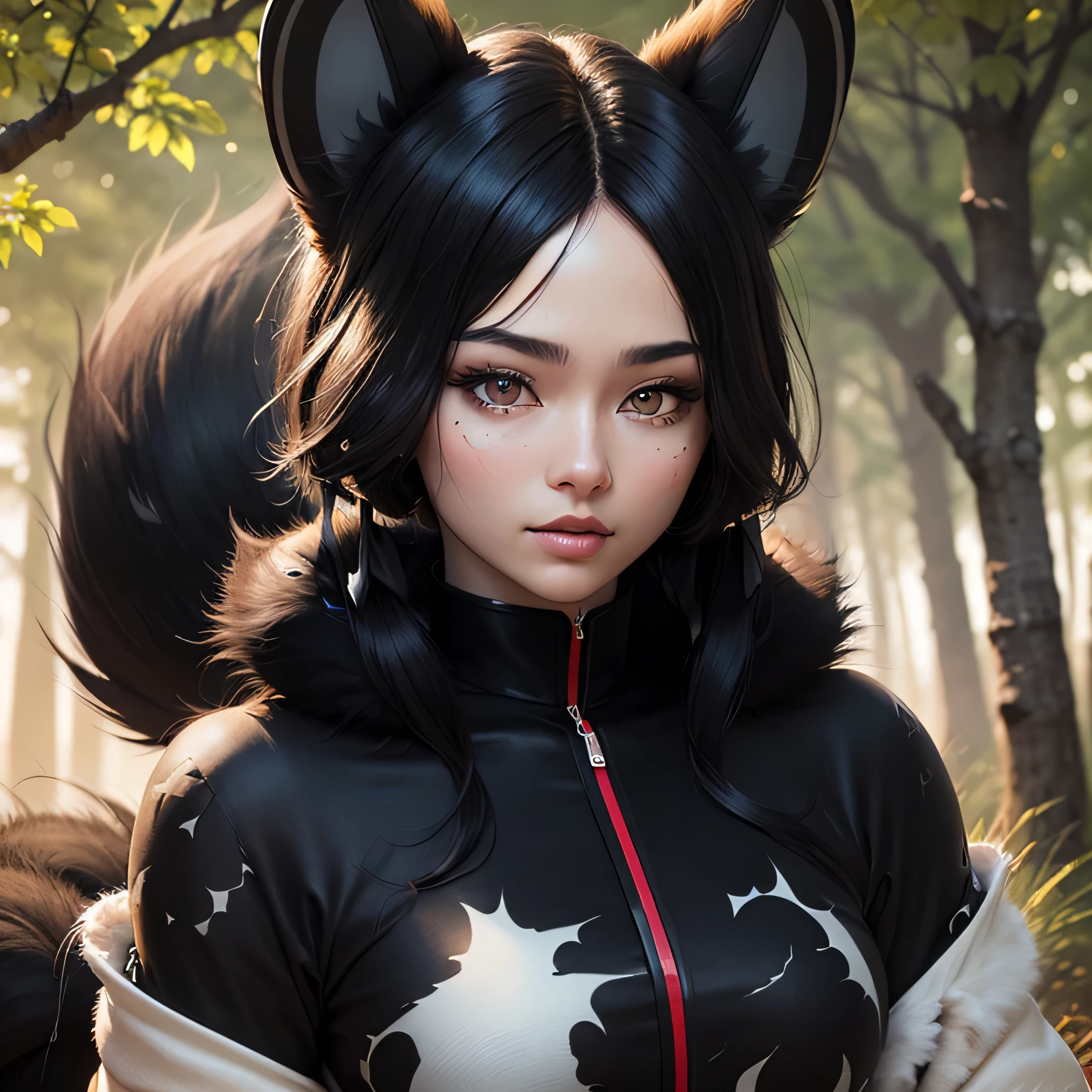 [[a realistic fox-girl]] with black hair and nine tails, (nine tails with black fur:2.0) , nine tails, beautiful face, high cheekbones, green eyes, (very detailed sinto clothes:2.0) , inspired by Sugimura Jihei, delicate and fine, (tentacles:fox tails:0.5), white form, inspired by Sōami, jormungand, mystical creatures, realistic, ultra detailed, sunrise lighting, detailed forest background