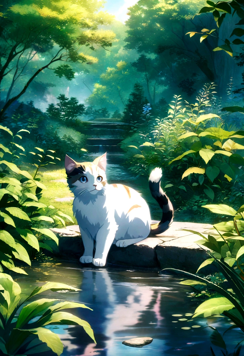 A cat sits on a stone ledge in the forest, Anime Cat, Cute cat anime visuals, realistic Anime Cat, Forest Cat, anime art wallpaper 4k, anime art wallpaper 4k, Anime Nature wallpap, Anime Nature, Anime Rush John 8k Woods, Anime Art Wallpapers 8K, beautiful Anime Catgirl, very beautiful Anime Cat girl