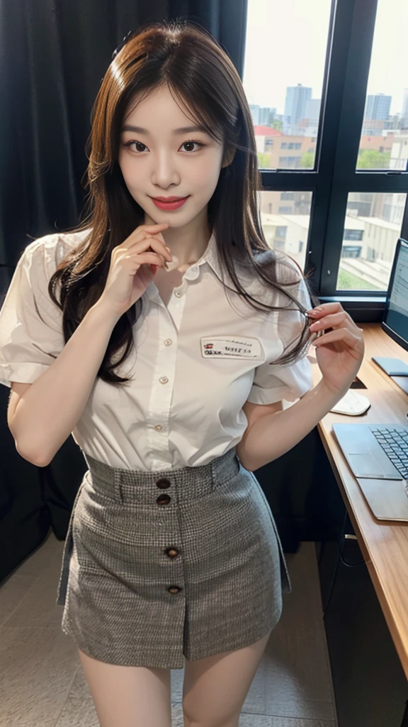((top-quality、masterpiece、photographrealistic:1.4、in 8K))、Beautuful Women1a person、25years old、beautiful hairl、delicate and beautiful face、Eyes and faces with detailed 、(Modern workplace with computer:1.2)、(Shirt:1.2)、(standing:1.2)、A smile、Beautiful lighting、Textured skin、Super Detail、high detailing、High quality、hight resolution、(looking at the viewers)、Detailed mouth、Opening Mouth、full body Esbian、tight skirts、Women at work、Fishnet Stockings、Coffee、window、Women who can work、high-heels