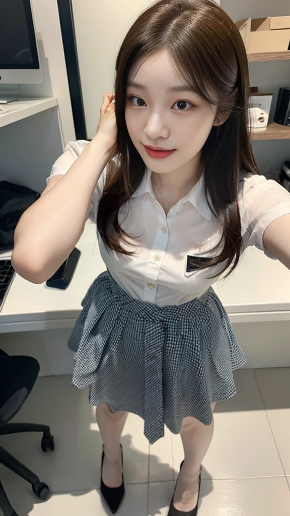 ((top-quality、masterpiece、photographrealistic:1.4、in 8K))、Beautuful Women1a person、25years old、beautiful hairl、delicate and beautiful face、Eyes and faces with detailed 、(Modern workplace with computer:1.2)、(Shirt:1.2)、(standing:1.2)、A smile、Beautiful lighting、Textured skin、Super Detail、high detailing、High quality、hight resolution、(looking at the viewers)、Detailed mouth、Opening Mouth、full body Esbian、tight skirts、Women at work、Fishnet Stockings、Coffee、window、Women who can work、high-heels